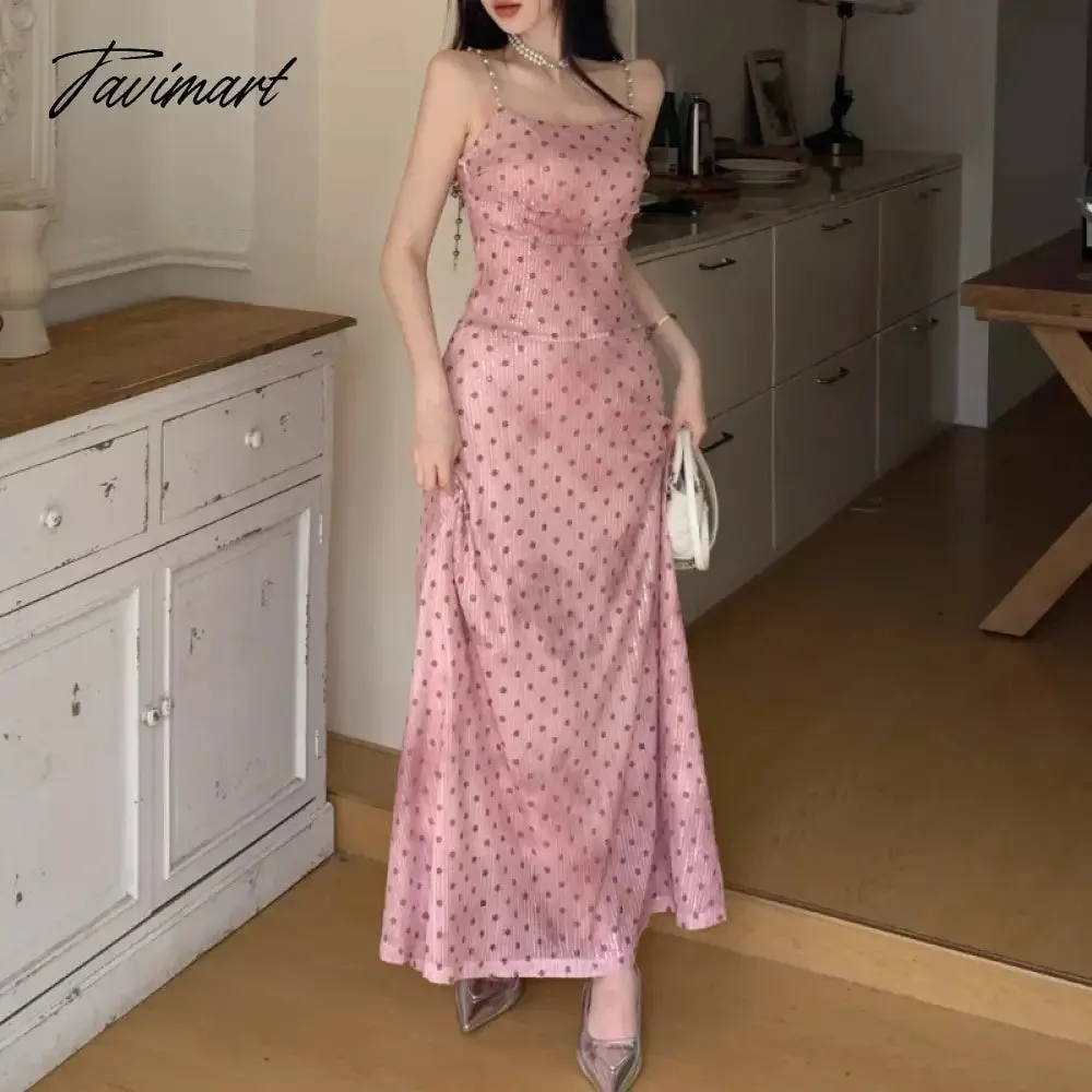 TAVIMART Korean Polka Dot Printed Pink Chain Sling Dress Women 2024 Spring New Streetwear Off-shoulder Sexy Slim Elegant A-line Dress