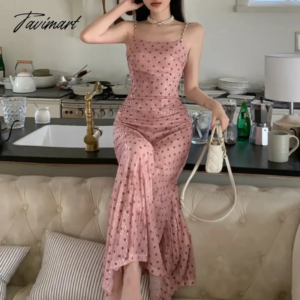 TAVIMART Korean Polka Dot Printed Pink Chain Sling Dress Women 2024 Spring New Streetwear Off-shoulder Sexy Slim Elegant A-line Dress