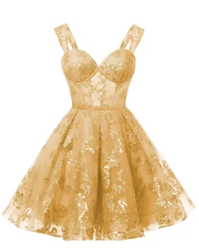 Teens Sparkly Tulle Gold Homecoming Dresses Spaghetti Straps Short Cocktail Party Prom Dress