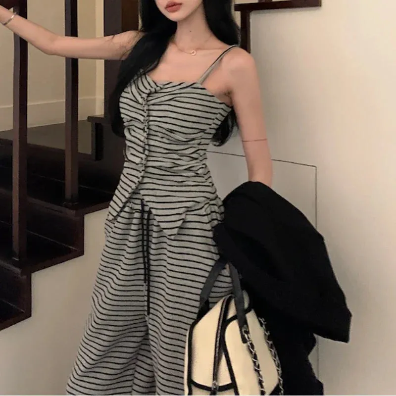 Territory 2024 Spring New High Street Contrast Color Striped Irregular Sexy Camisole Women   Loose Casual Wide Leg Pants Two-piece Suit