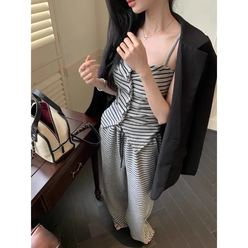 Territory 2024 Spring New High Street Contrast Color Striped Irregular Sexy Camisole Women   Loose Casual Wide Leg Pants Two-piece Suit