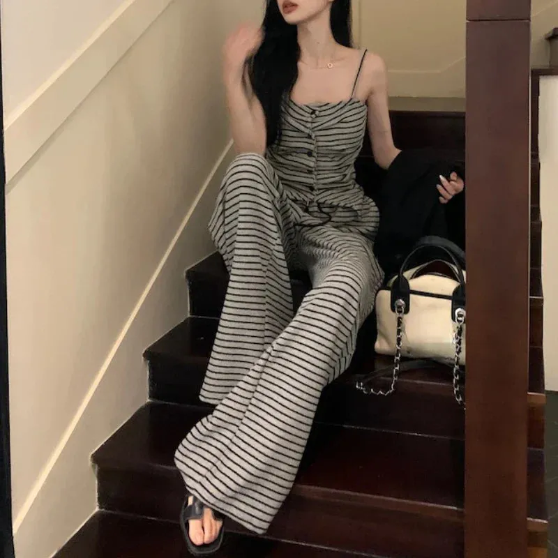 Territory 2024 Spring New High Street Contrast Color Striped Irregular Sexy Camisole Women   Loose Casual Wide Leg Pants Two-piece Suit