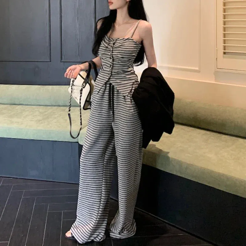 Territory 2024 Spring New High Street Contrast Color Striped Irregular Sexy Camisole Women   Loose Casual Wide Leg Pants Two-piece Suit