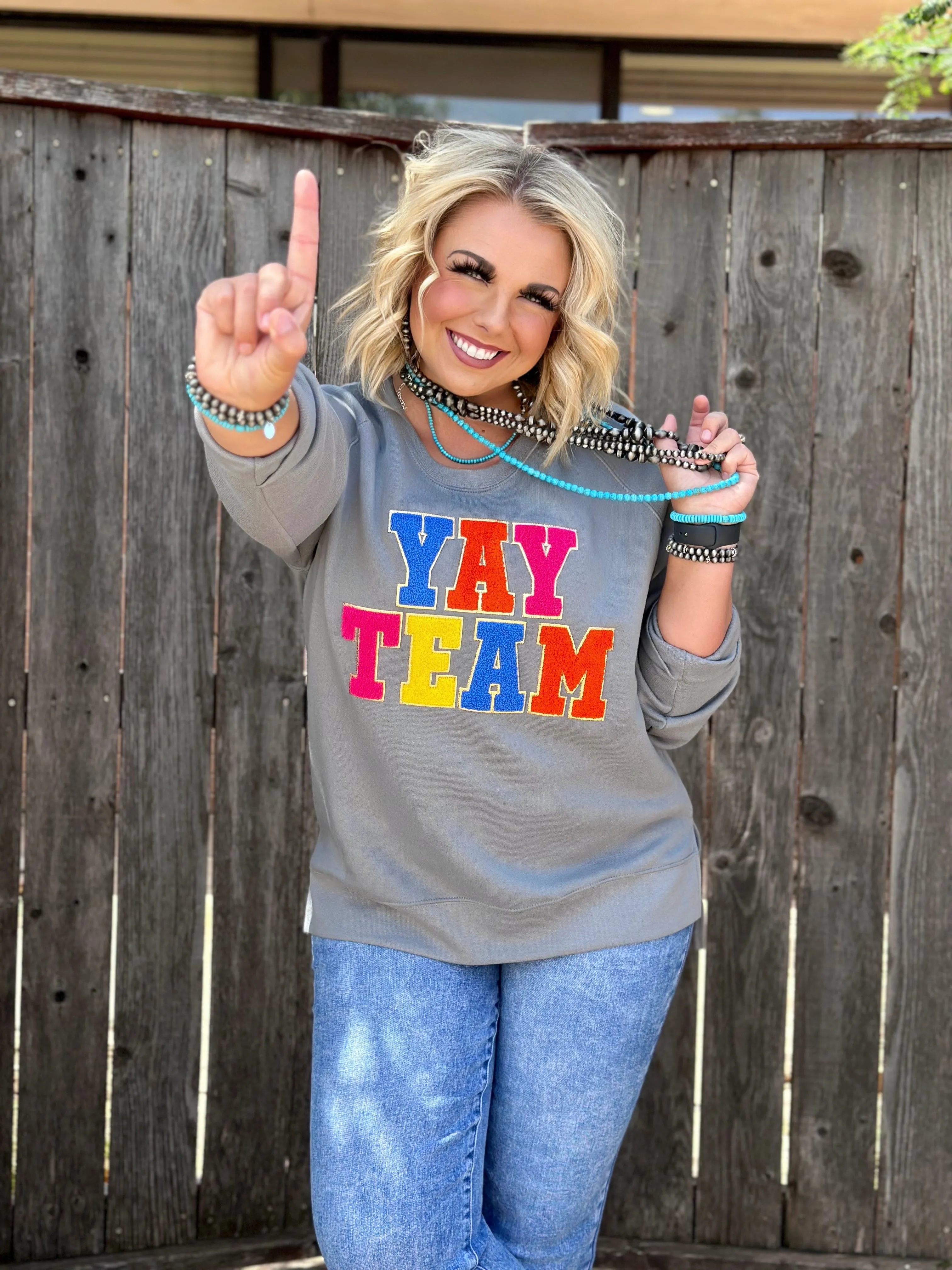 Texas True Threads "Yay Team" Chenille Applique Sweatshirt