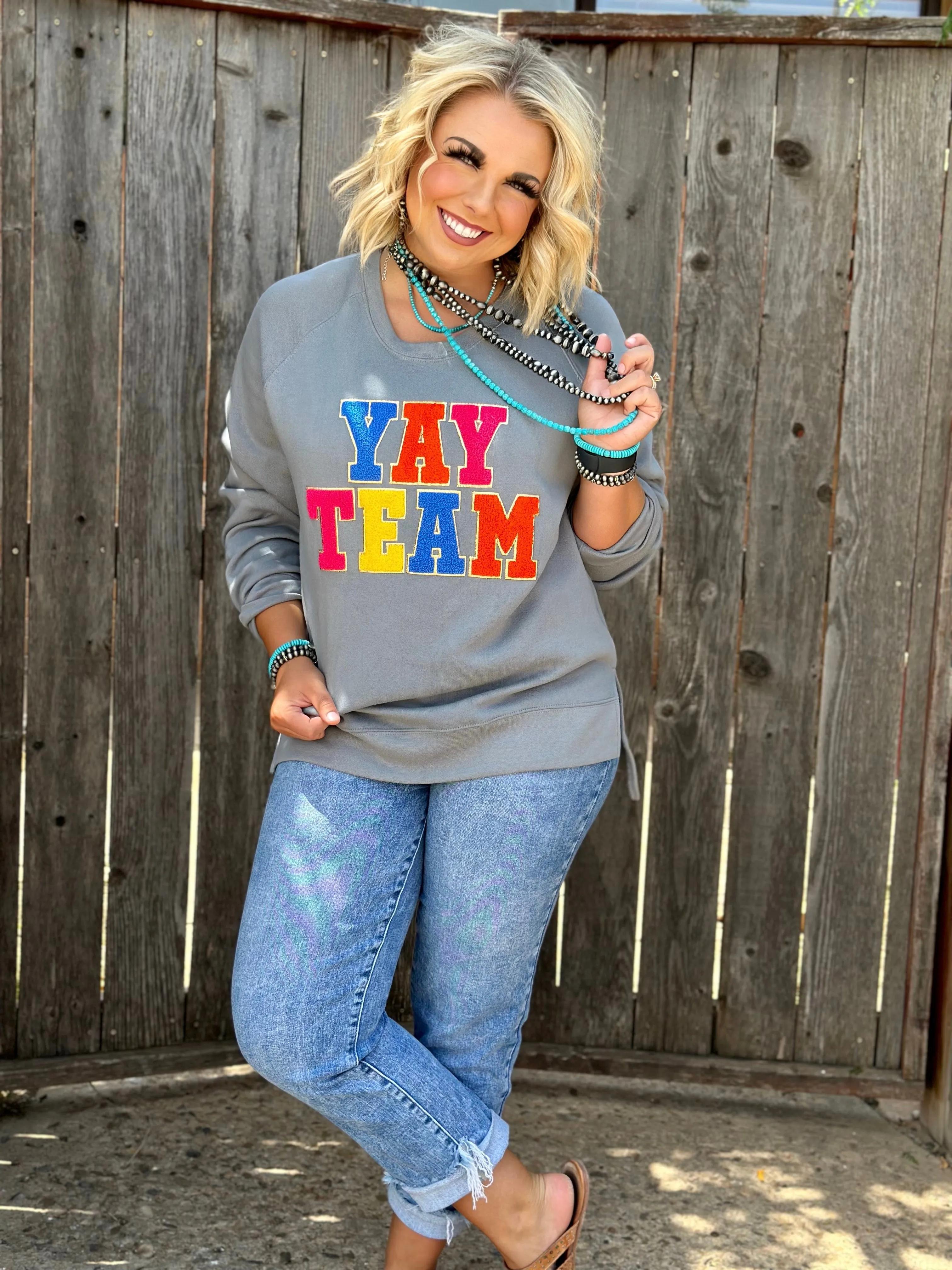 Texas True Threads "Yay Team" Chenille Applique Sweatshirt