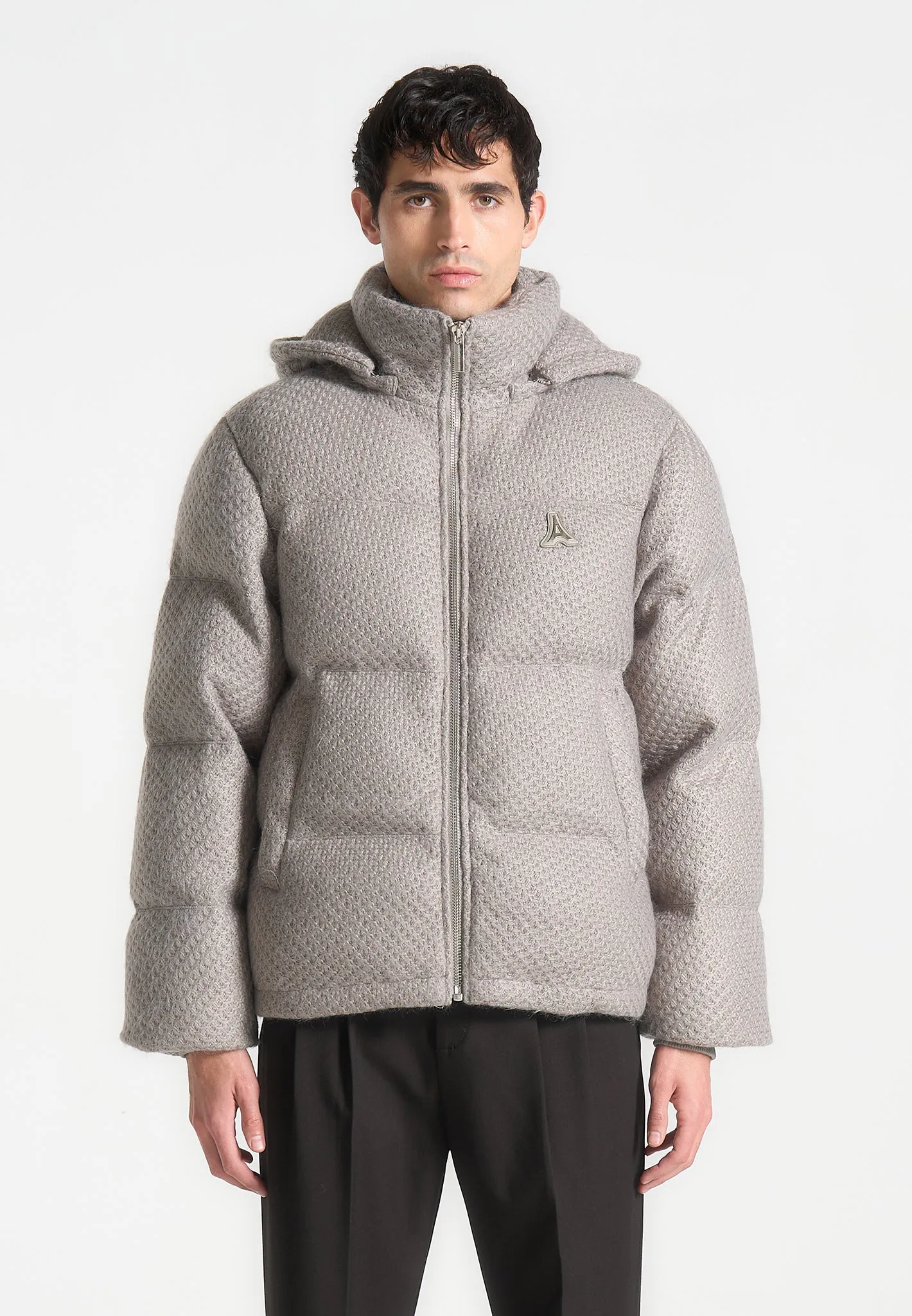 Textured Knit Puffer Jacket - Grey