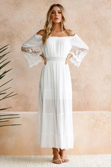 Three-Quarter Sleeve Floor-Length Pleated Off Shoulder Expansion Women's Dress