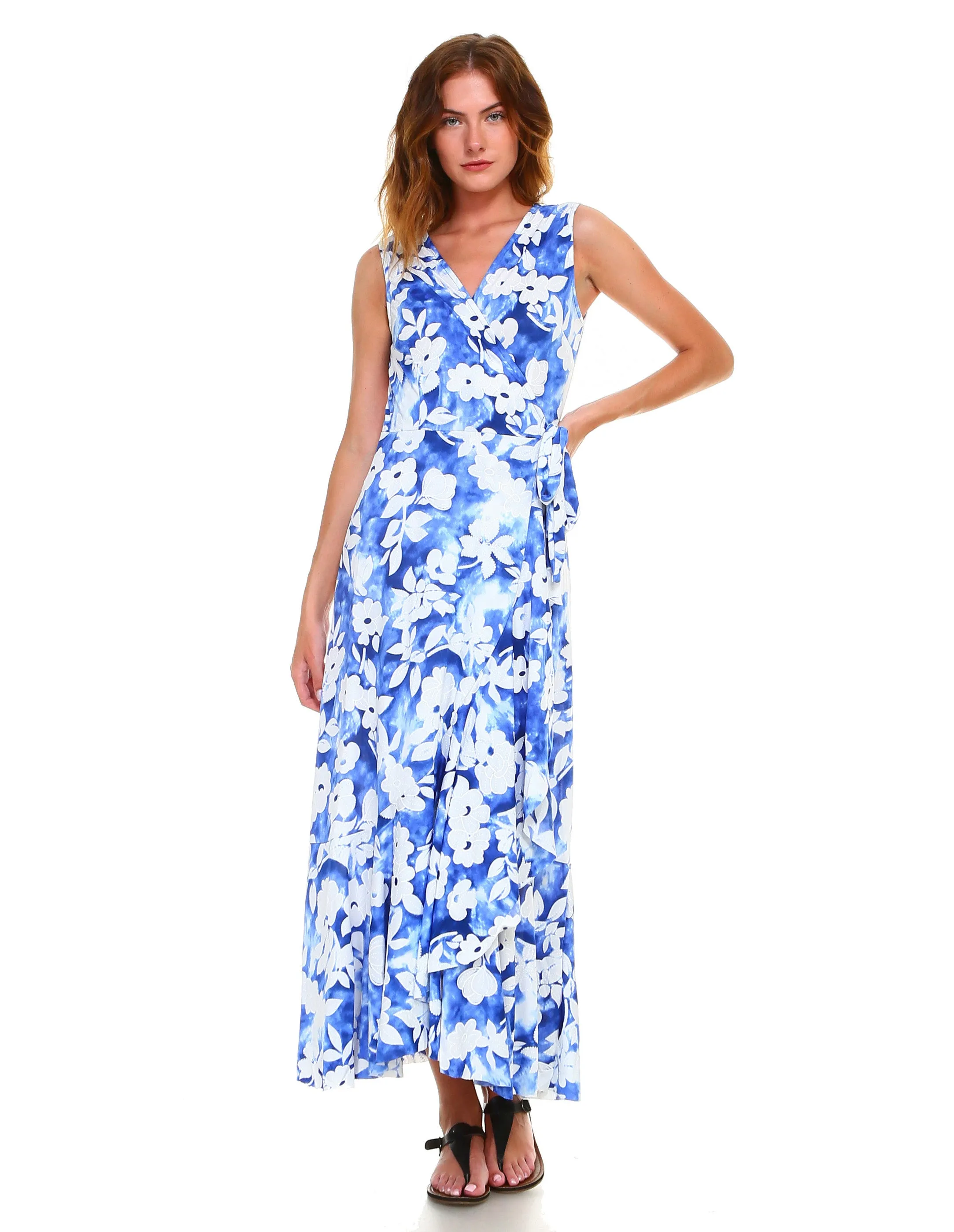 Tie Dye Effect Floral Wrap Maxi Dress