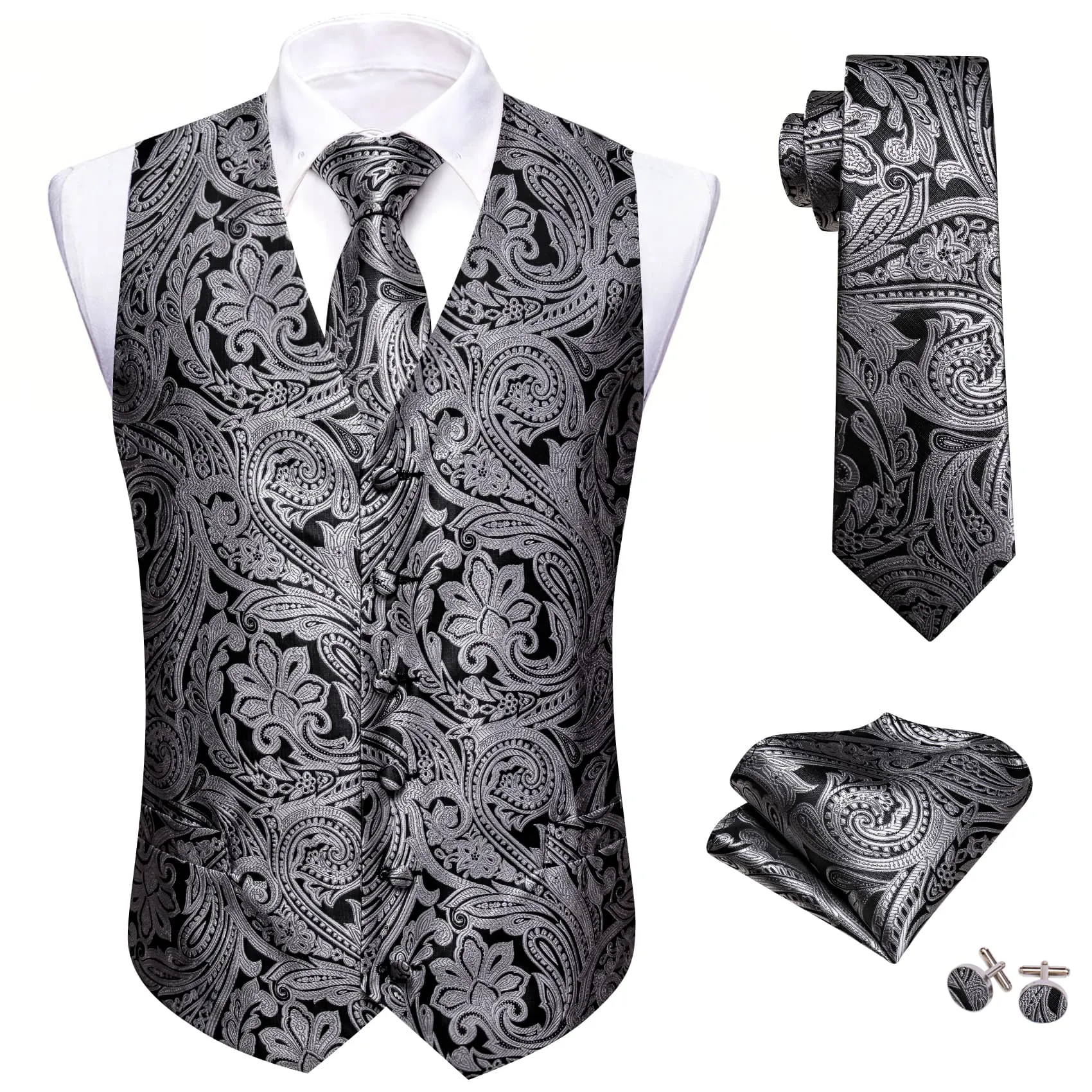 Ties2you Vest for Men Trolley Grey Floral Silk Work Vest Tie Pocket Square Cufflinks Set