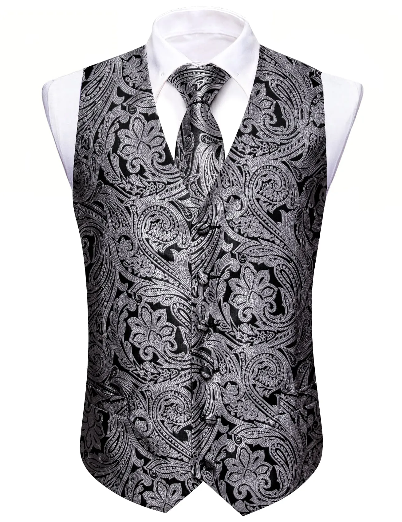 Ties2you Vest for Men Trolley Grey Floral Silk Work Vest Tie Pocket Square Cufflinks Set