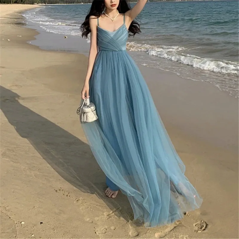 Toleet-New Summer Mesh Tulle Beach Long Dress for Women Sleeveless Spaghetti Strap Backless Elegant Evening Party Holiday Dresses