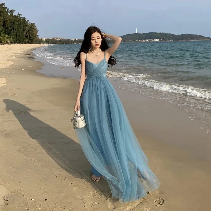 Toleet-New Summer Mesh Tulle Beach Long Dress for Women Sleeveless Spaghetti Strap Backless Elegant Evening Party Holiday Dresses