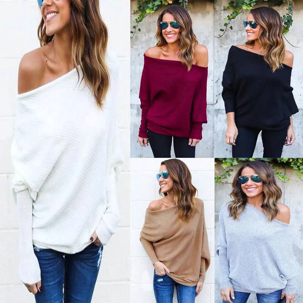 Trendy off the shoulder loose oversize knitted sweater top