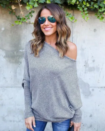 Trendy off the shoulder loose oversize knitted sweater top