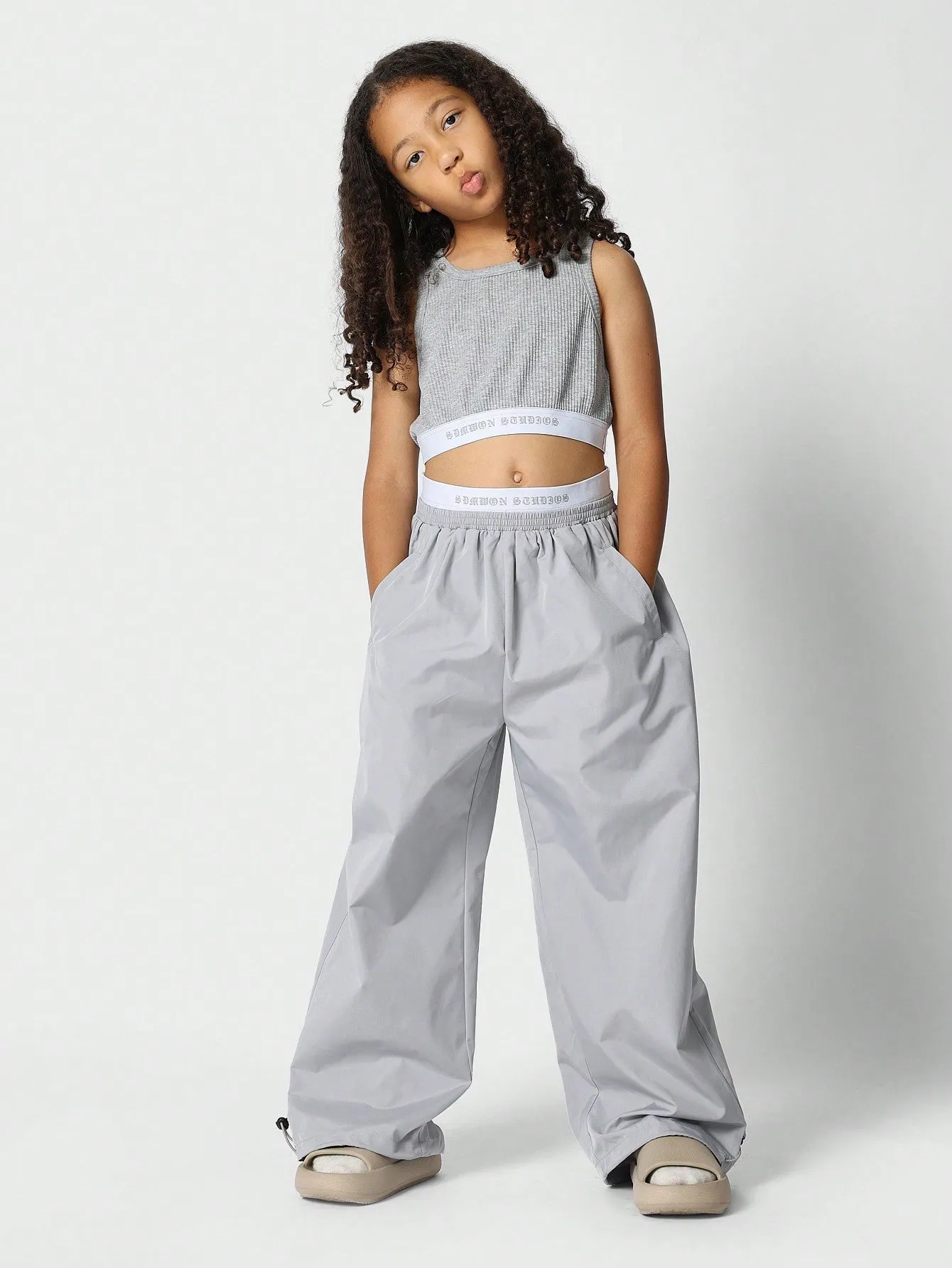 Tween Girls Crop Fit Top With Loose Fit Double Waistband Pant 2 Piece Set