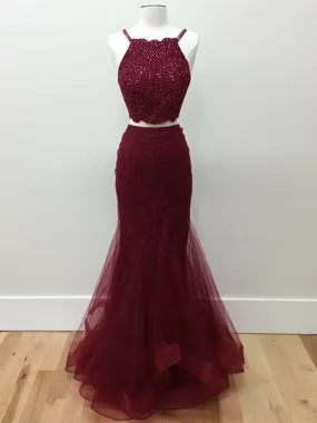 Two Pieces Halter Neck Mermaid Tulle Maroon Prom with Beadings, Maroon Formal, Evening