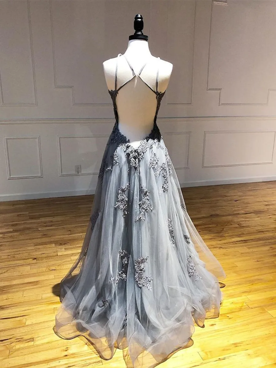 Unique Backless Lace Appliques Gray Long Prom, Backless Gray Lace Formal, Lace Gray Evening