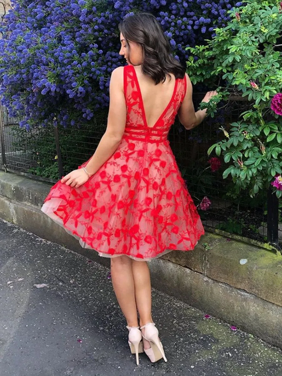 Unique V Neck and V Back Red Lace Flowers Short Prom Homecoming, Red Lace Formal, Red Evening, Lace Graduation