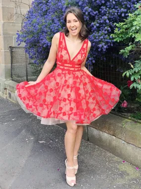 Unique V Neck and V Back Red Lace Flowers Short Prom Homecoming, Red Lace Formal, Red Evening, Lace Graduation