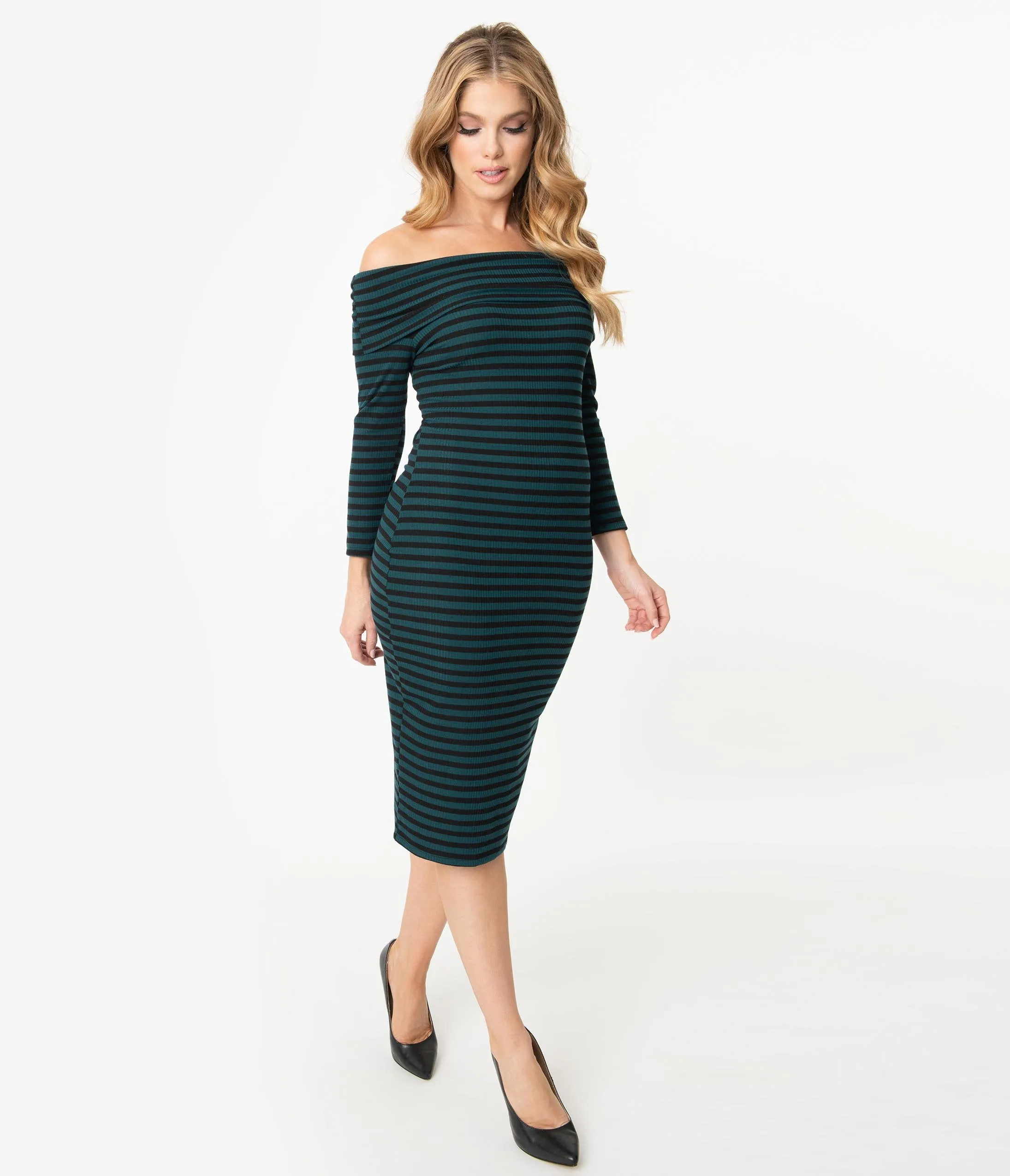 Unique Vintage Teal & Black Stripe Off Shoulder Vickie Wiggle Dress