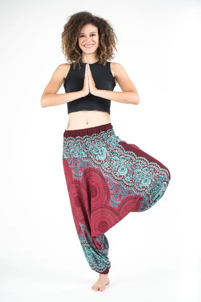 Unisex Geometric Mandalas Drop Crotch Jumpsuit Harem Pants in Red