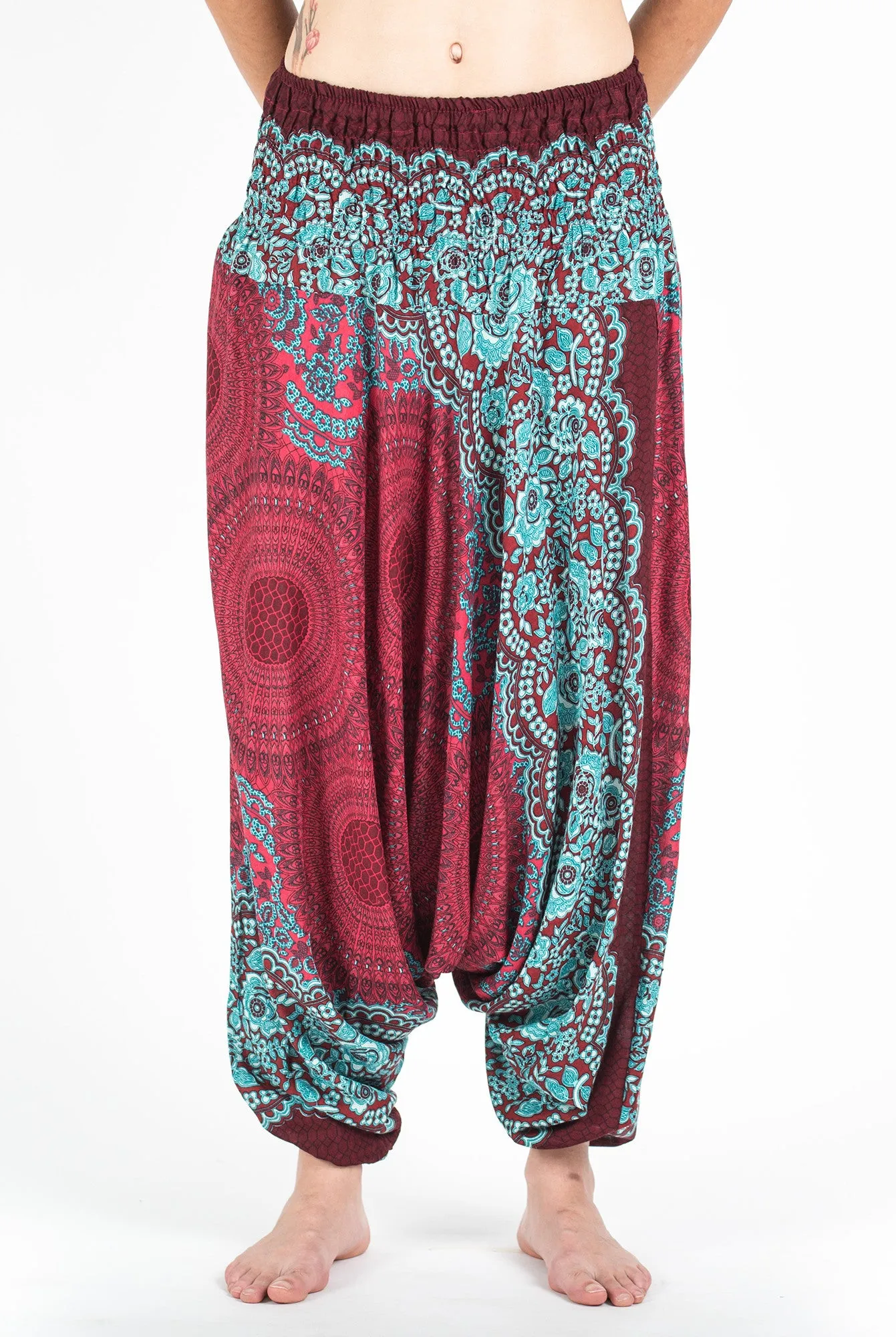 Unisex Geometric Mandalas Drop Crotch Jumpsuit Harem Pants in Red