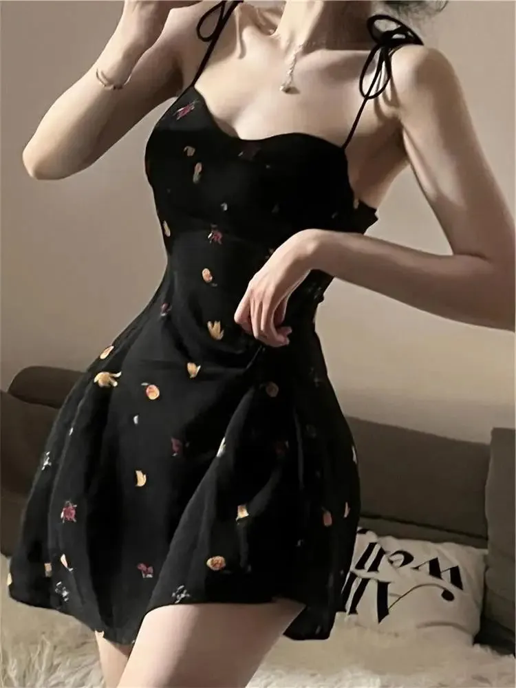 Uniwim Summer Y2K Retro Floral Strap Bow Black Dress Mini Fashion Aesthetic Club Party Sexy Dresses for Women A-line Outfits