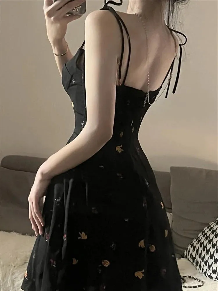 Uniwim Summer Y2K Retro Floral Strap Bow Black Dress Mini Fashion Aesthetic Club Party Sexy Dresses for Women A-line Outfits