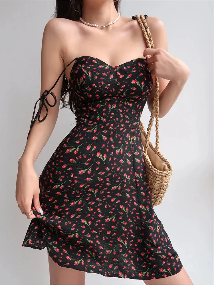 Uniwim Summer Y2K Retro Floral Strap Bow Black Dress Mini Fashion Aesthetic Club Party Sexy Dresses for Women A-line Outfits