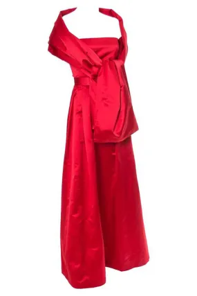 Utako Red Silk Satin Vintage Evening Gown Dress Ensemble With Wrap 2/4