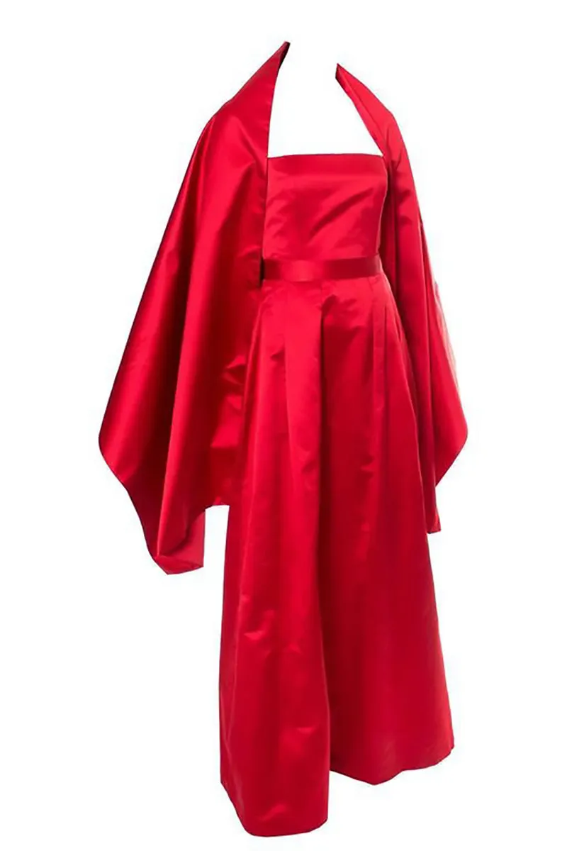 Utako Red Silk Satin Vintage Evening Gown Dress Ensemble With Wrap 2/4