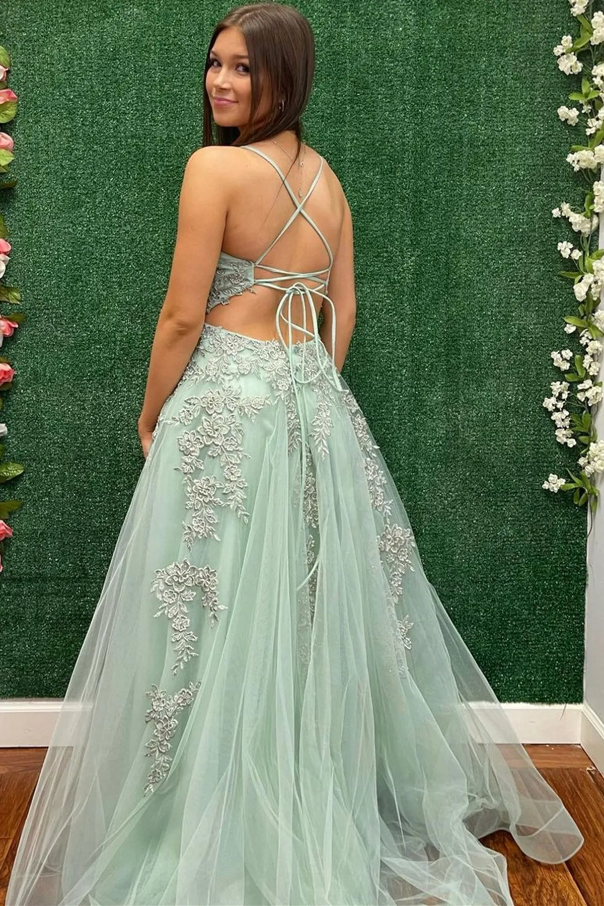 V Neck Backless Sage Tulle Lace Long Prom Dress with High Slit, Sage Lace Formal Dress, Sage Evening Dress A1825