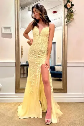 V Neck Mermaid Yellow Lace Long Prom Dress with Side Split, Mermaid Yellow Formal Dress, Yellow Lace Evening Dress A2057