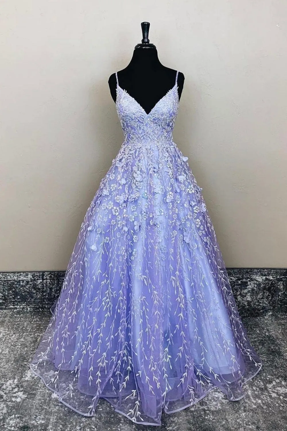 V Neck Open Back Purple Lace Floral Long Prom Dress, Purple Lace Floral Formal Evening Dress A1376