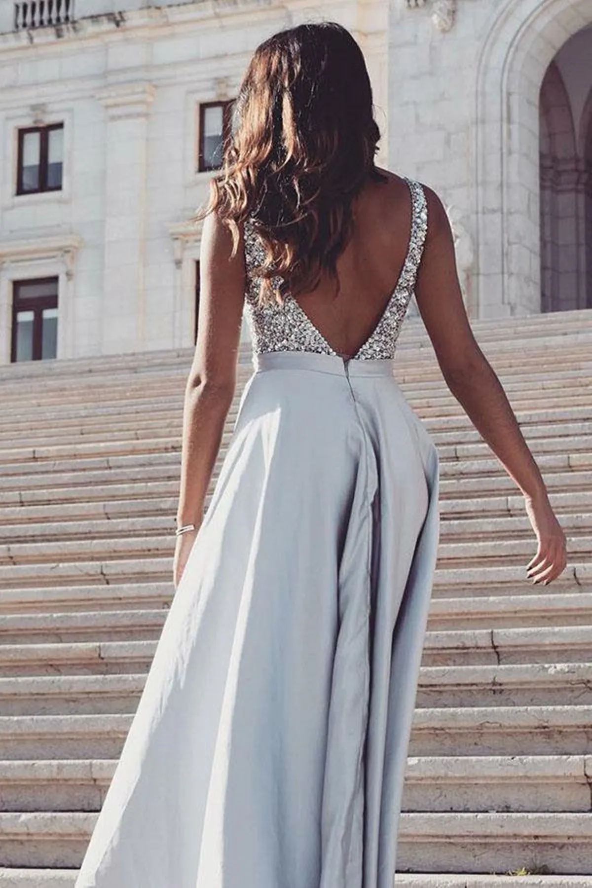 V Neck Open Back Silver Gray Sequins Long Prom Dress, V Neck Silver Gray Formal Graduation Evening Dress A1497