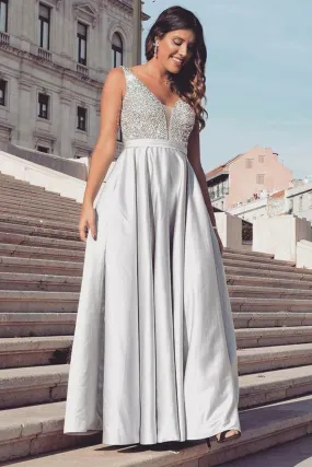 V Neck Open Back Silver Gray Sequins Long Prom Dress, V Neck Silver Gray Formal Graduation Evening Dress A1497