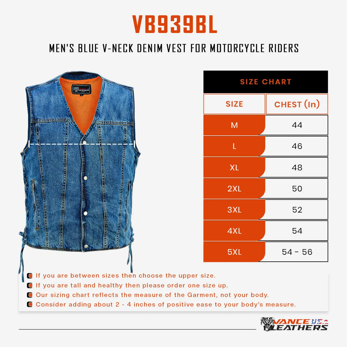 Vance Mens Blue V-Neck Denim Vest for Motorcycle Riders