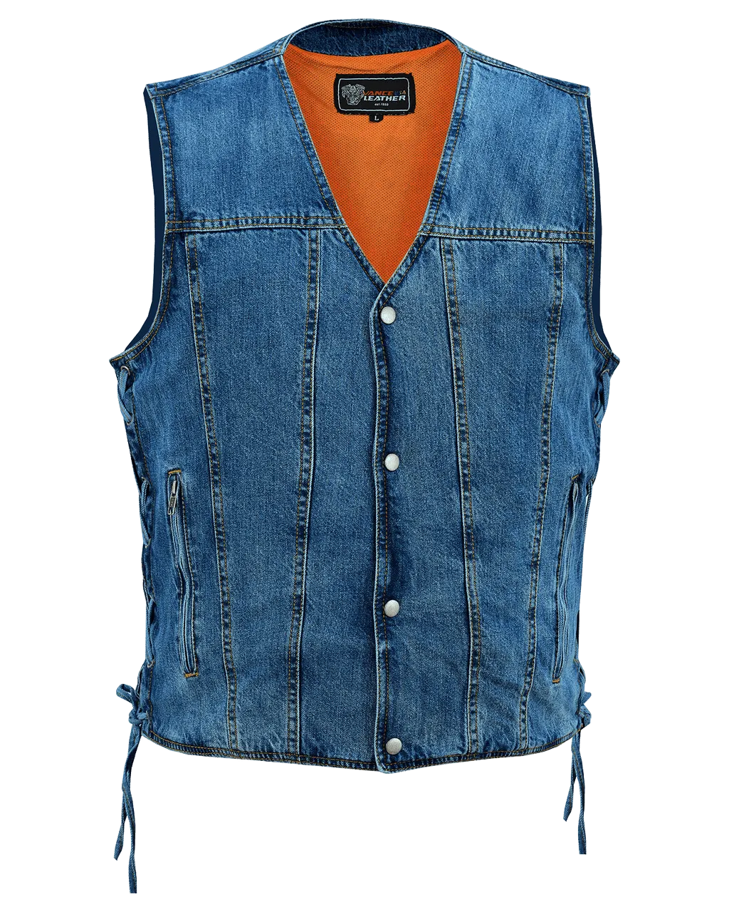 Vance Mens Blue V-Neck Denim Vest for Motorcycle Riders