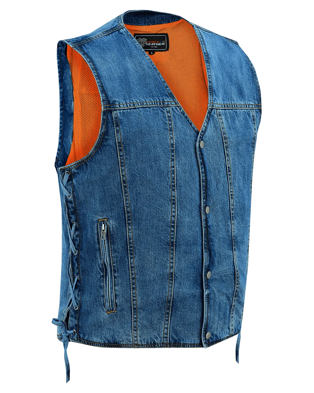 Vance Mens Blue V-Neck Denim Vest for Motorcycle Riders