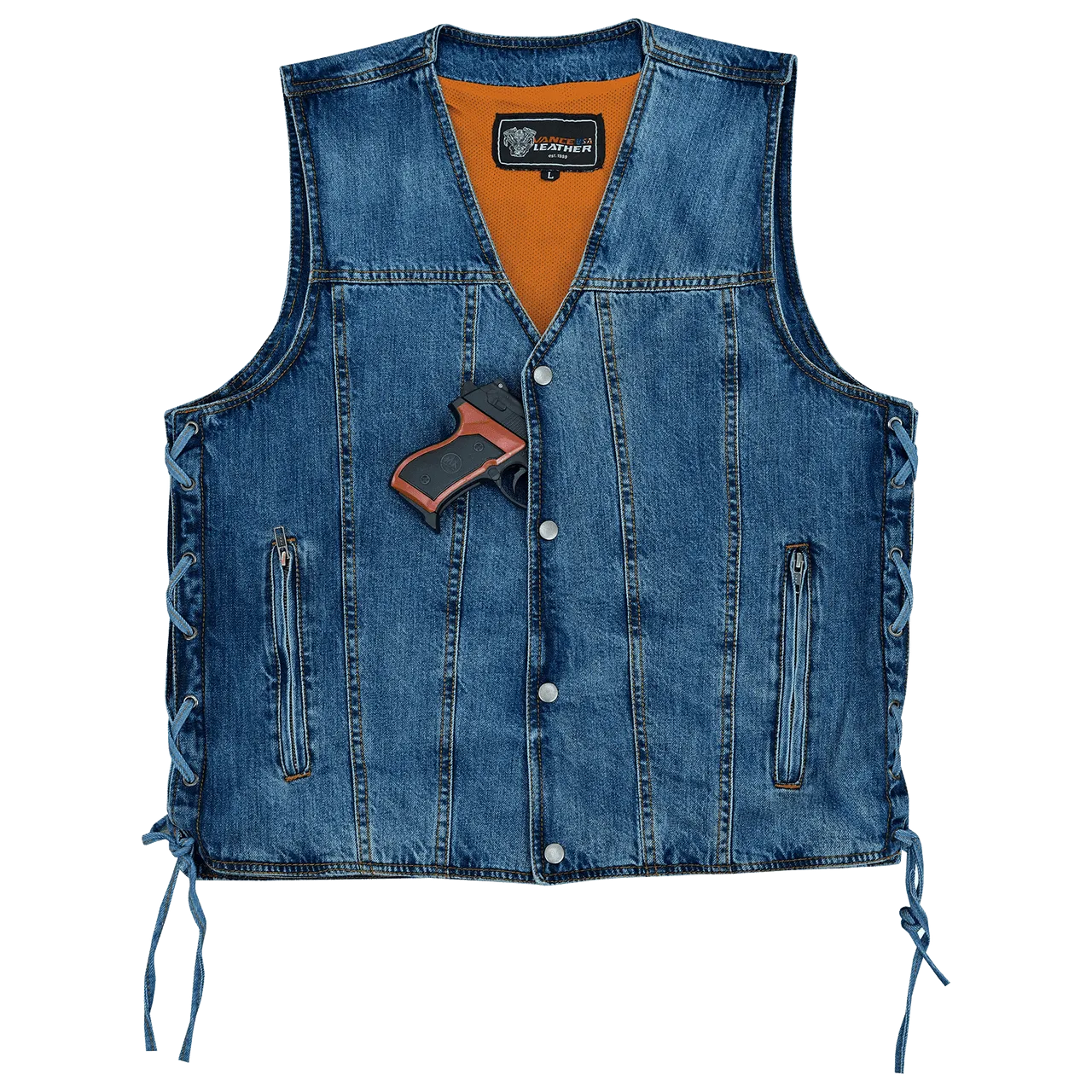 Vance Mens Blue V-Neck Denim Vest for Motorcycle Riders