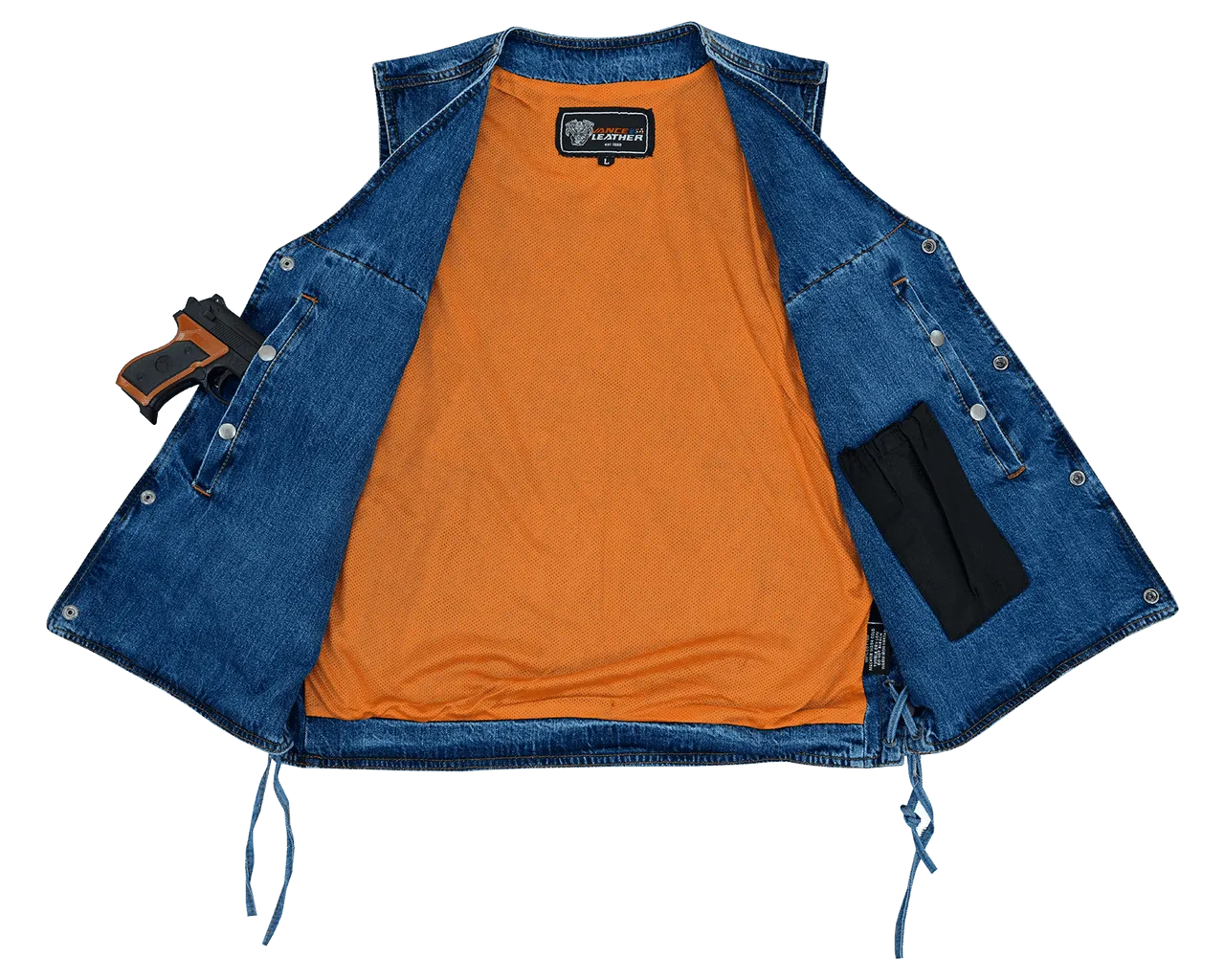 Vance Mens Blue V-Neck Denim Vest for Motorcycle Riders