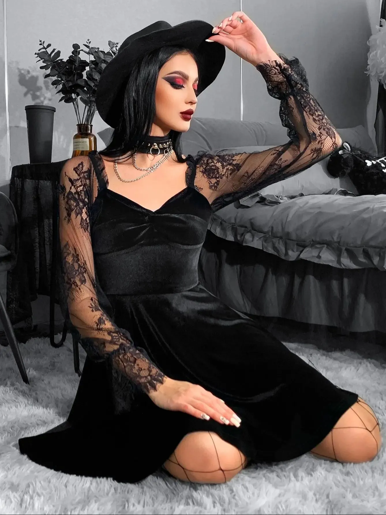 Velvet Retro Goth 50s Backless 40s Sleeve Lantern V Lace Bodycon Twisted Neck Outfit