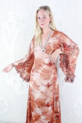 Venus Maxi Dress - Vintage Sari - Rose Gold & Russet Wildflower - Size XS