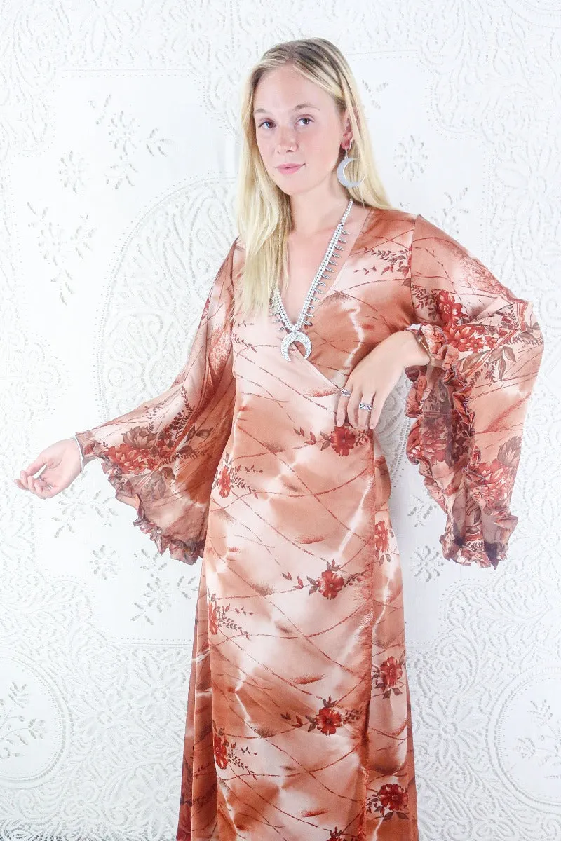 Venus Maxi Dress - Vintage Sari - Rose Gold & Russet Wildflower - Size XS