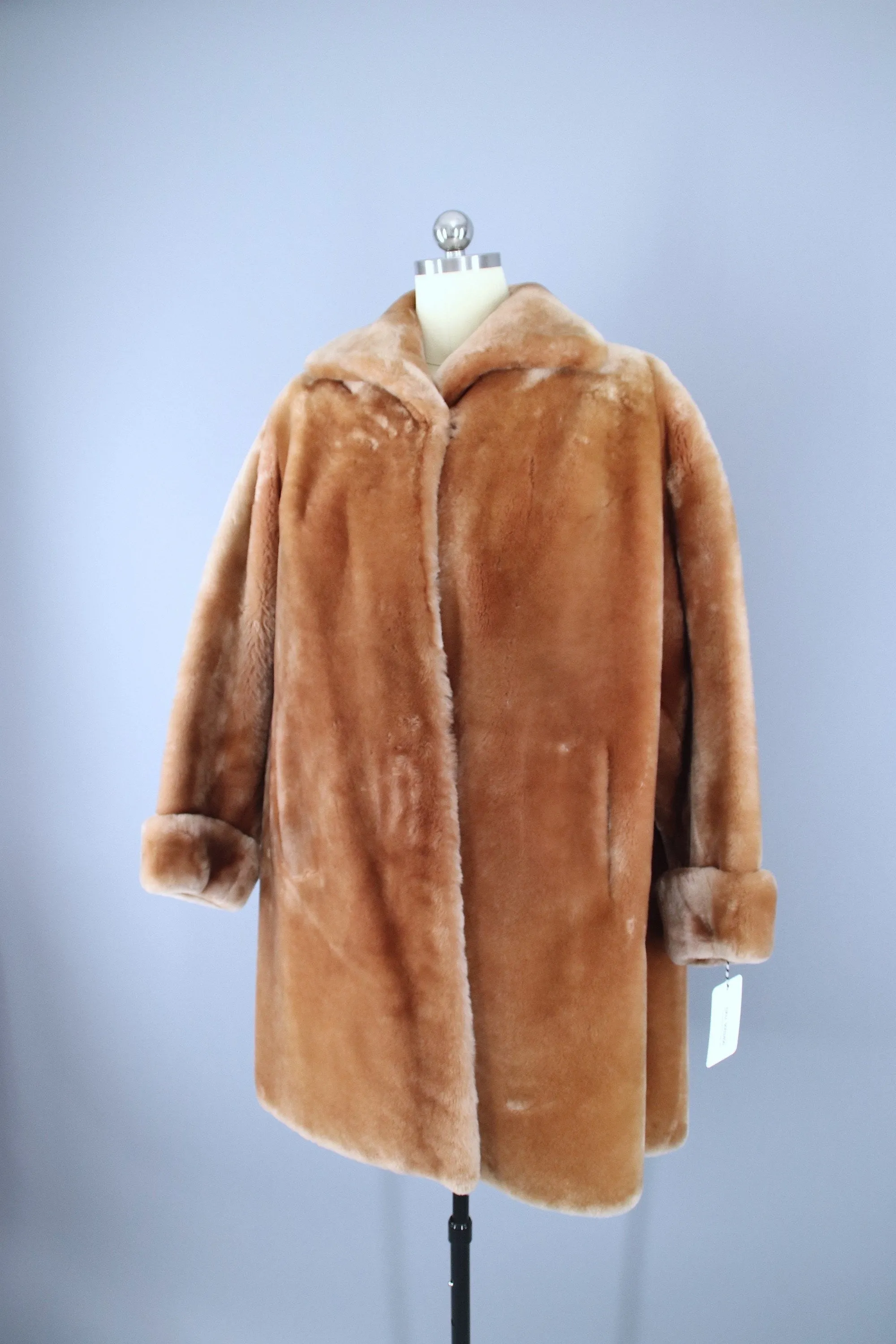 Vintage 1950s Caramel Tan Mouton Sheared Lamb Fur Coat