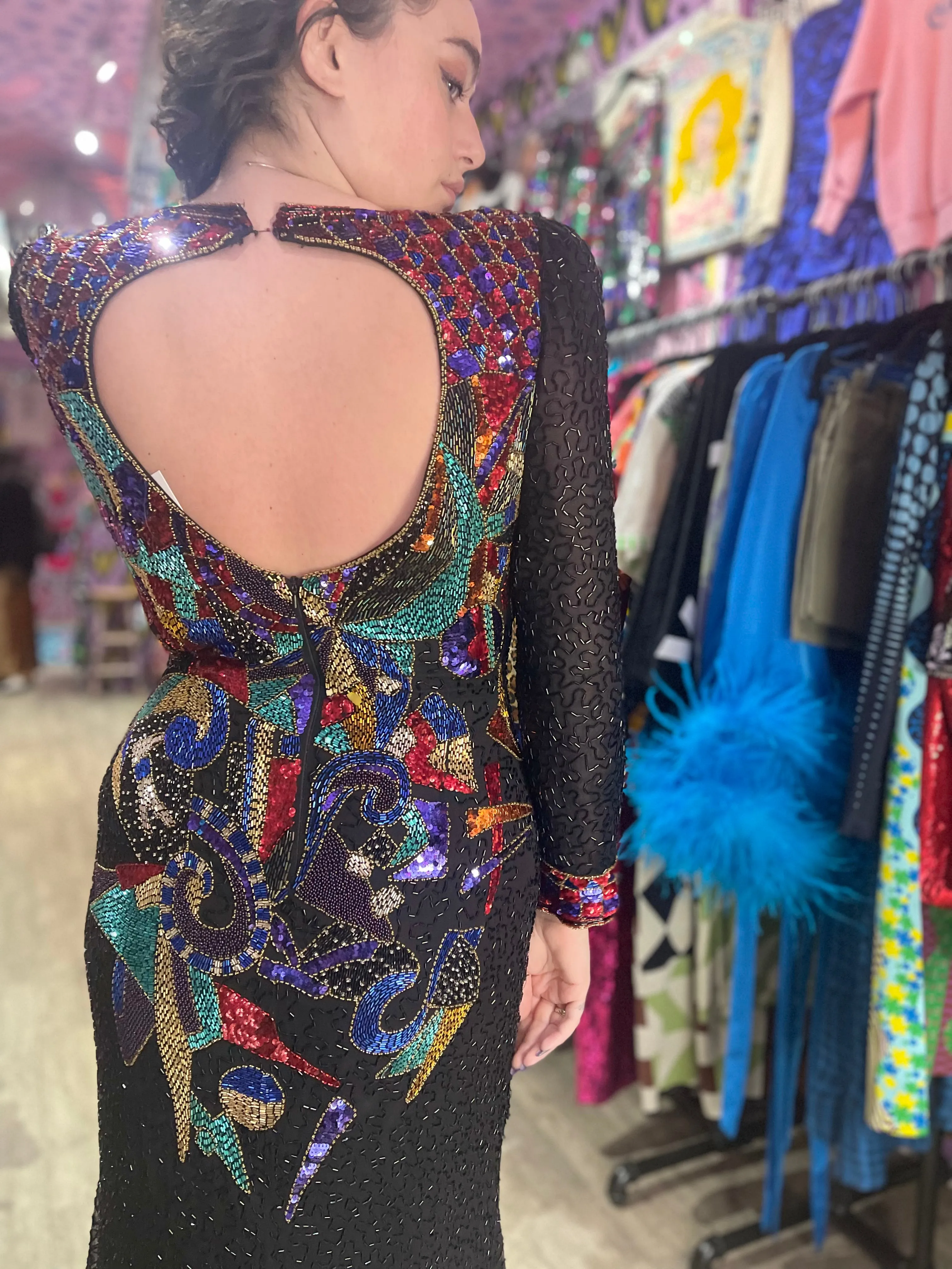 Vintage 80s Sequin Geometric Gown