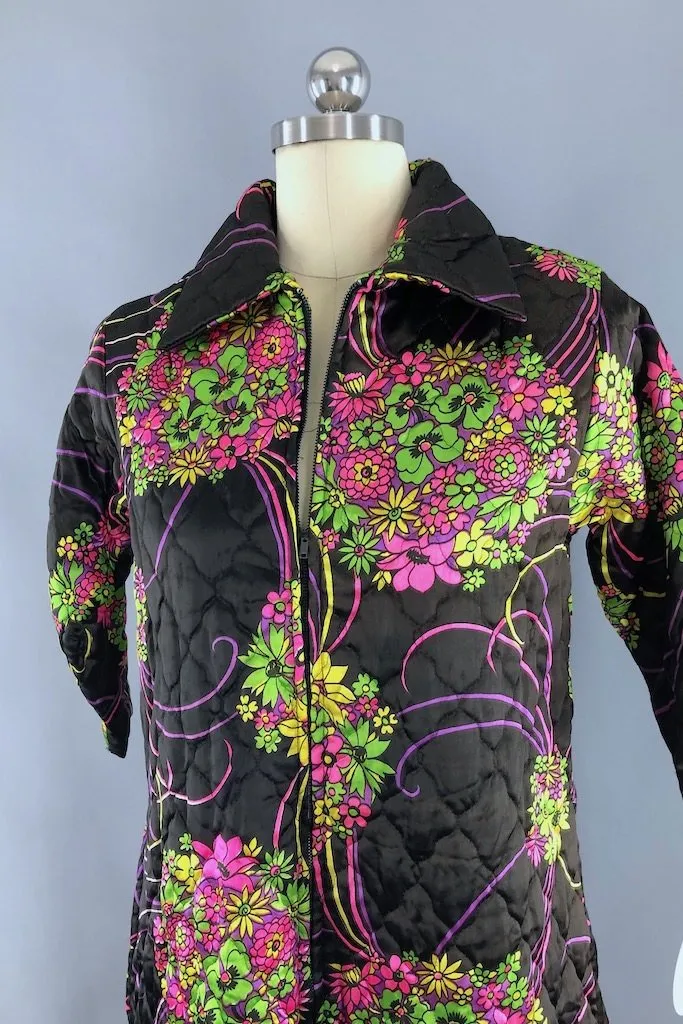 Vintage Black Floral Quilted House Coat