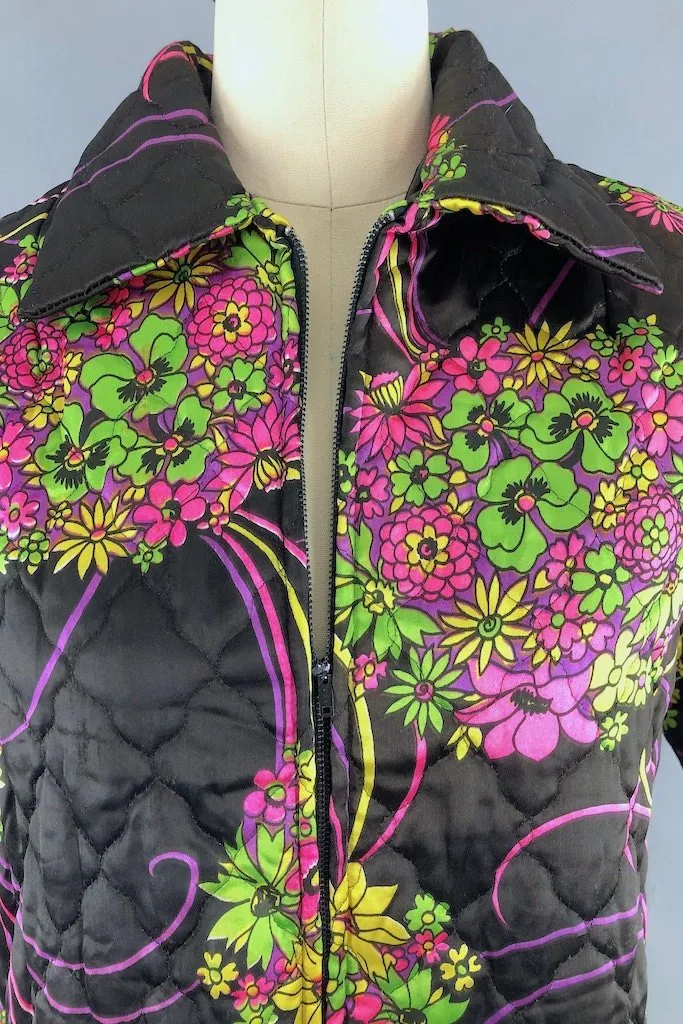 Vintage Black Floral Quilted House Coat