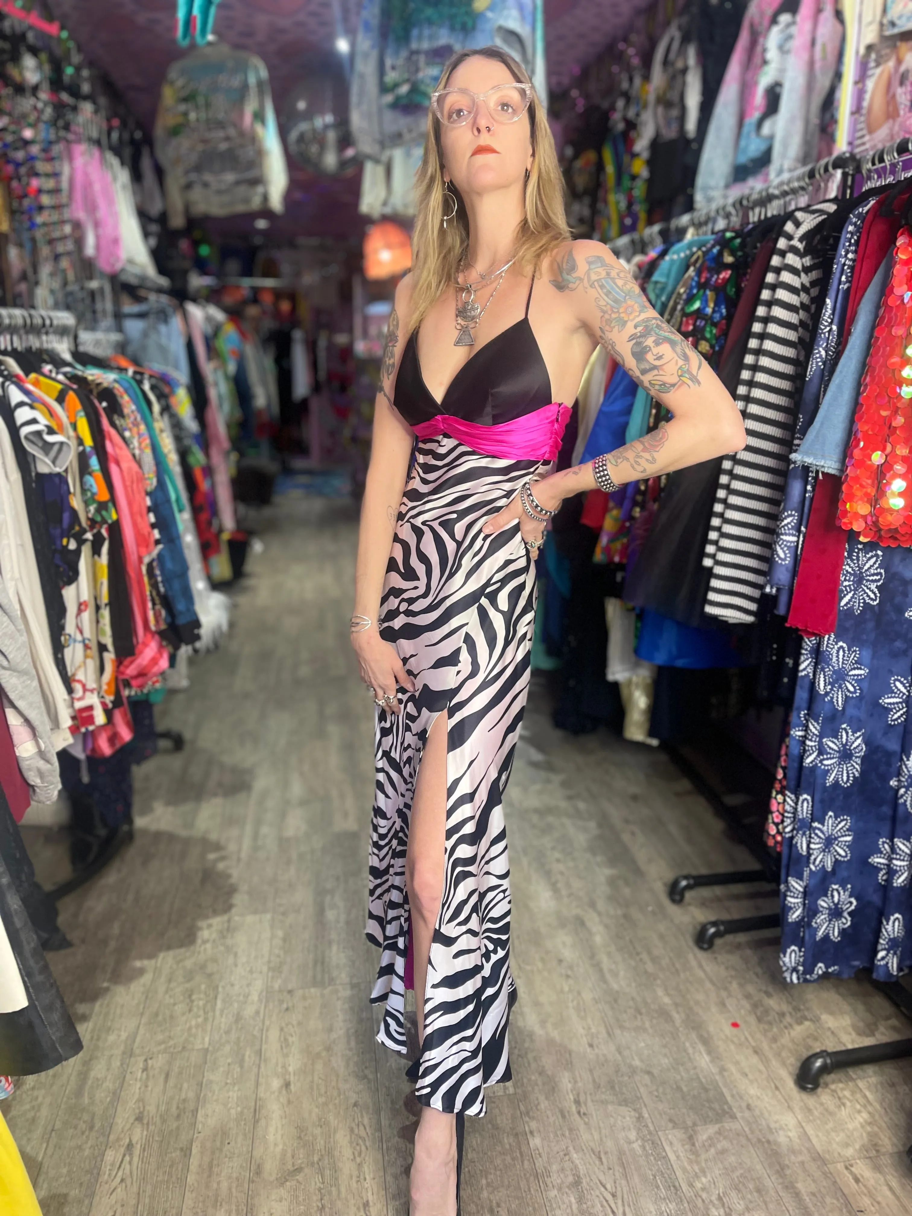 Vintage Y2K Zebra Maxi Prom Dress