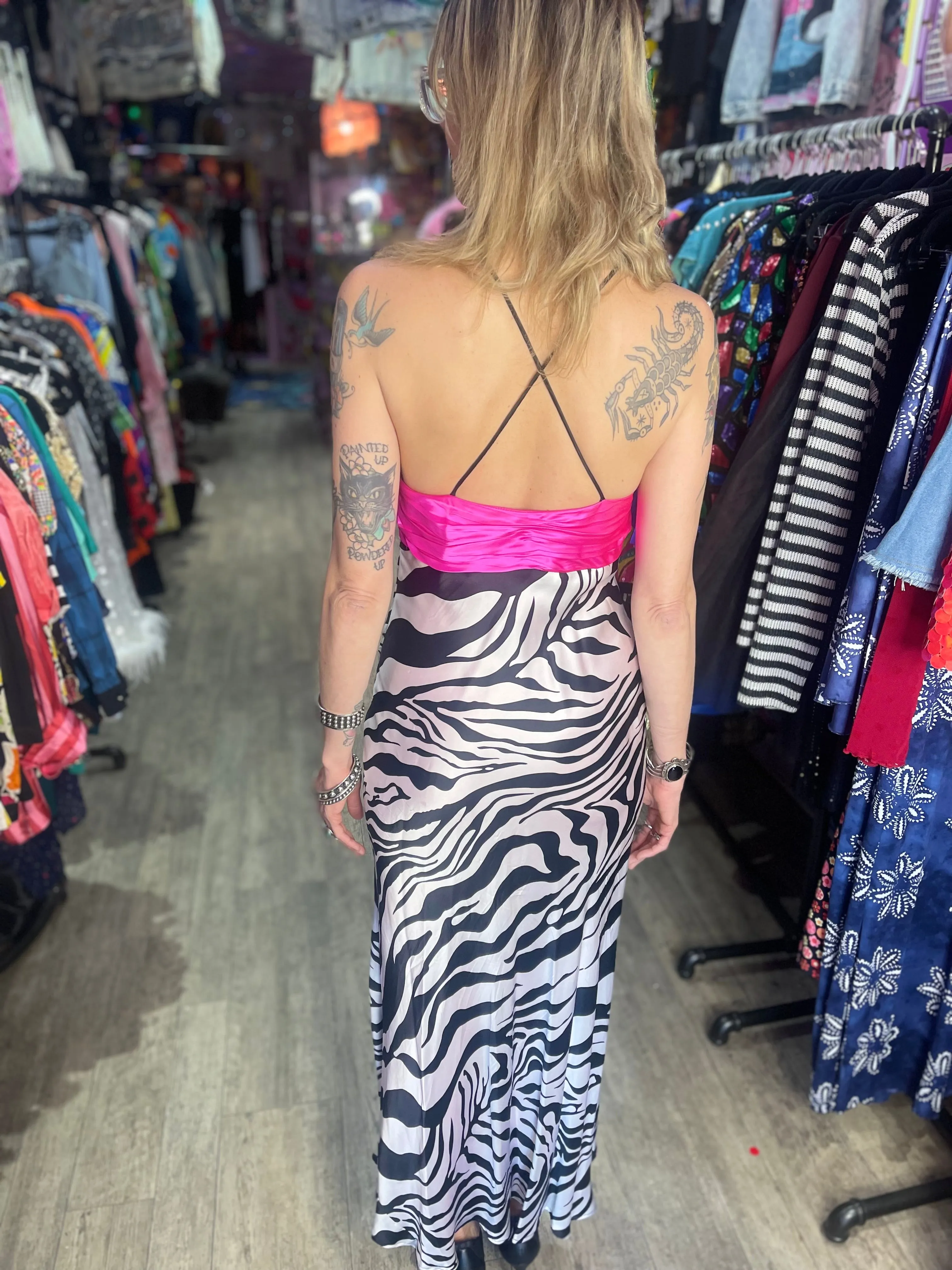 Vintage Y2K Zebra Maxi Prom Dress